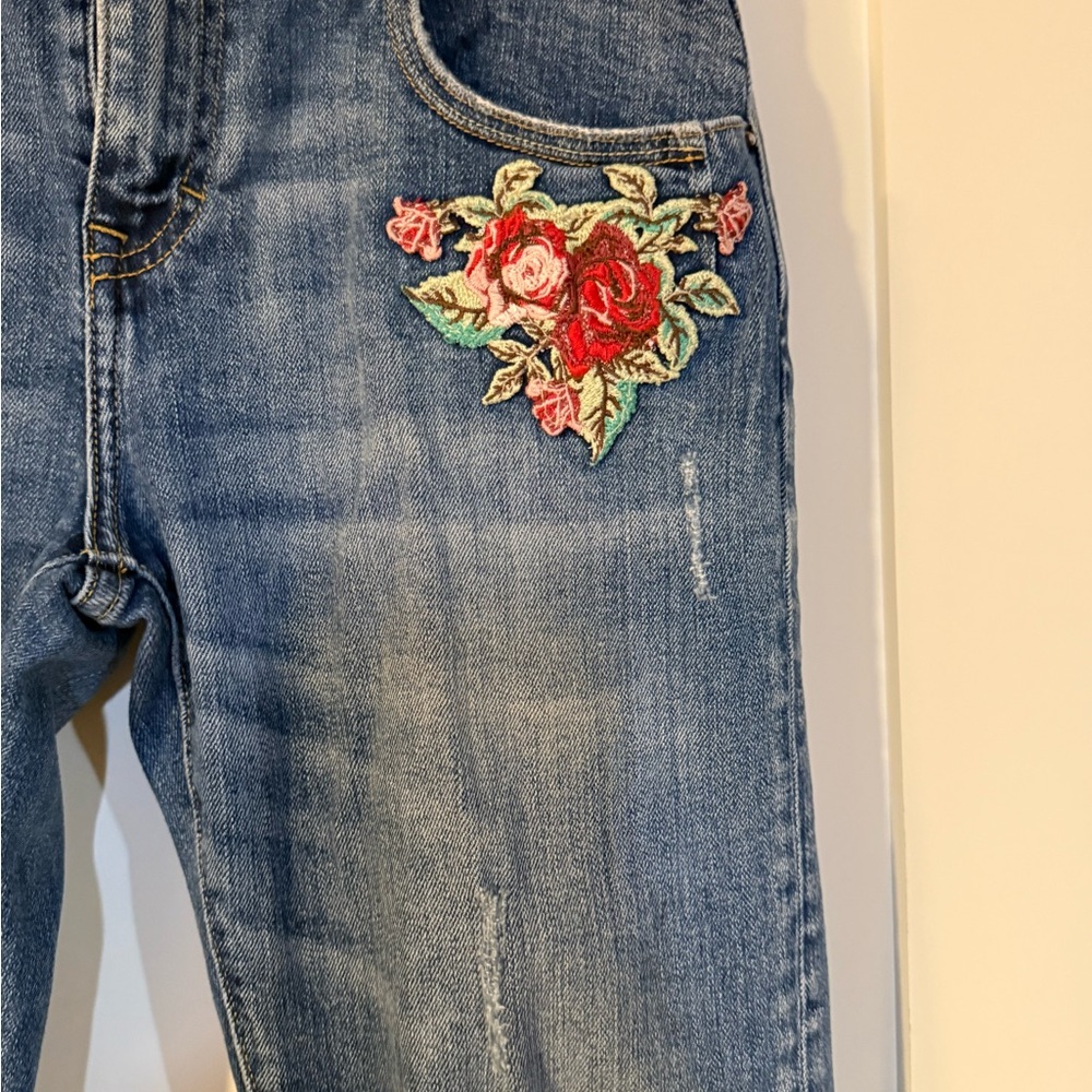 Zara Basic Denim Jeans Distressed Embroidered Flo… - image 3
